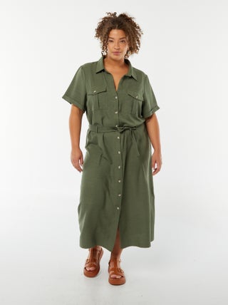 Vestito chemisier taglio midi con maniche corte e cintura