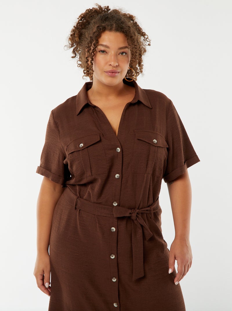 Vestito chemisier taglio midi con maniche corte e cintura Marrone - Kiabi