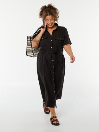 Vestito chemisier taglio midi con maniche corte e cintura