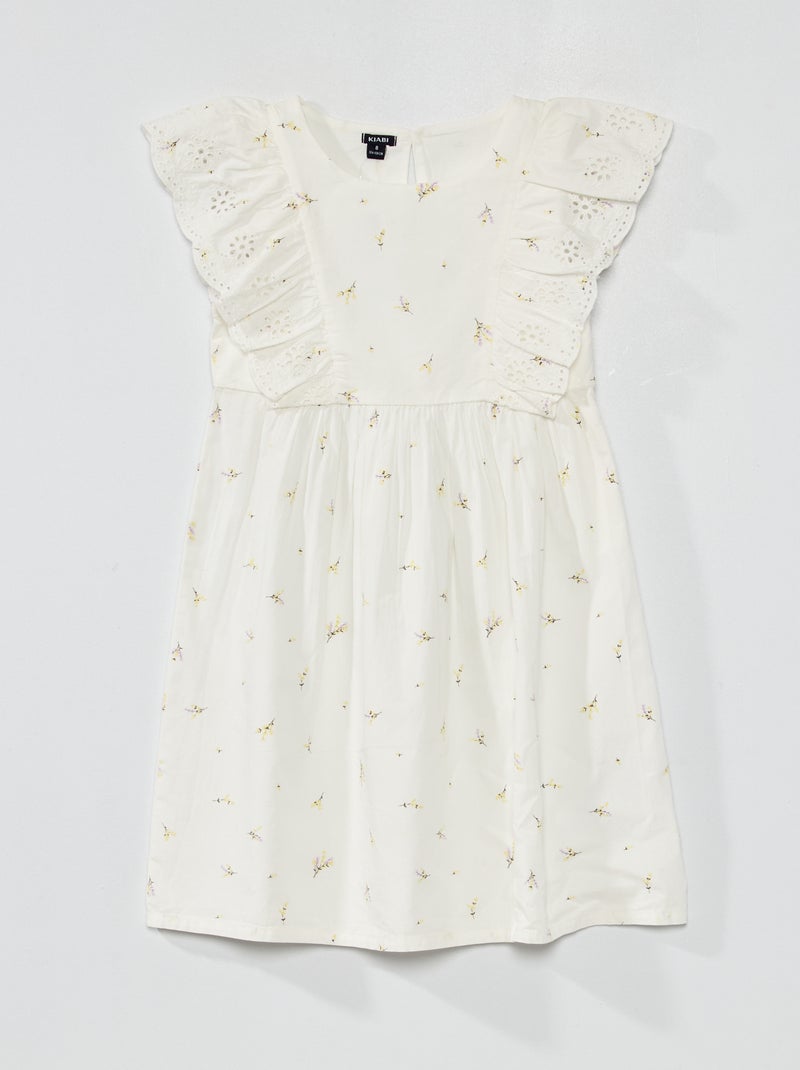 Vestito con motivo con volant e ricami a punto inglese BIANCO - Kiabi