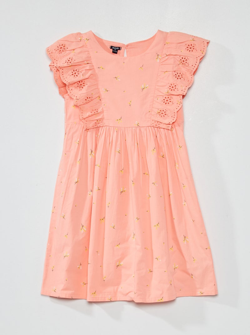 Vestito con motivo con volant e ricami a punto inglese ROSA - Kiabi