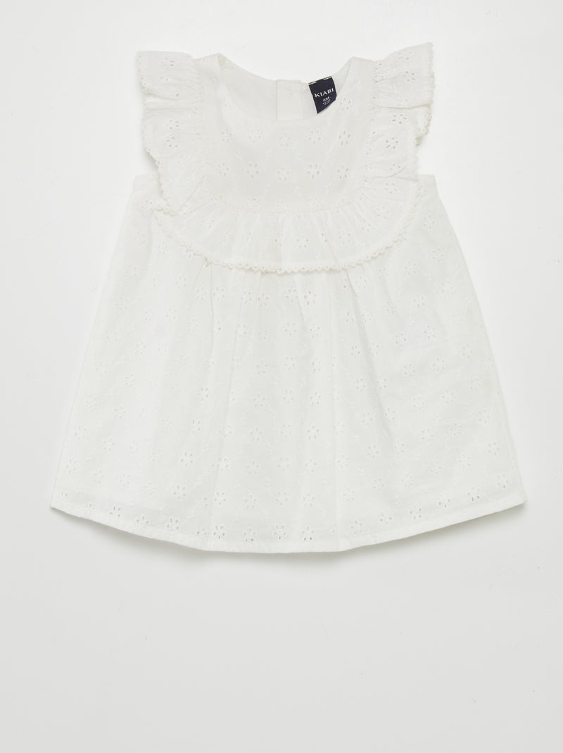 Vestito con ricamo a punto inglese e volant BIANCO - Kiabi