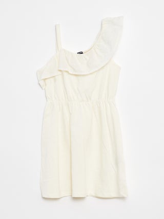 Vestito con spalla scoperta e ricami a punto inglese