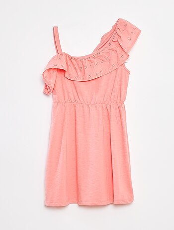 Vestito con spalla scoperta e ricami a punto inglese