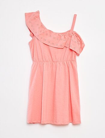 Vestito con spalla scoperta e ricami a punto inglese