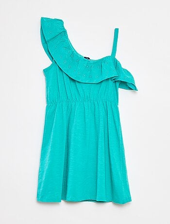 Vestito con spalla scoperta e ricami a punto inglese