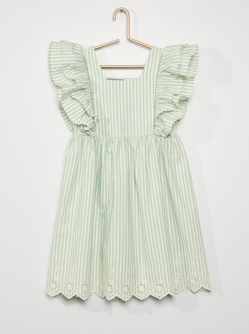 Vestito con volant e ricamo a punto inglese a righe verde - Kiabi