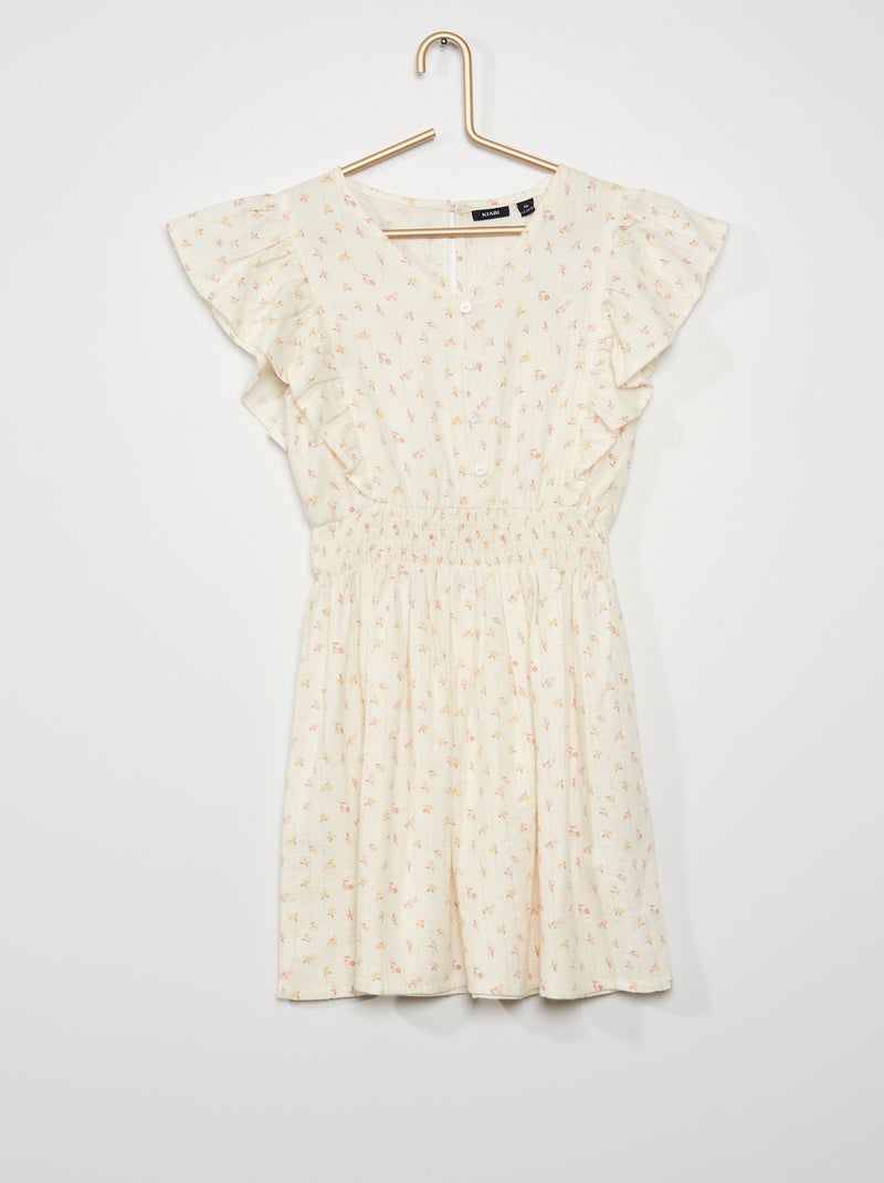 Vestito con volant e vita a punto smock BIANCO - Kiabi
