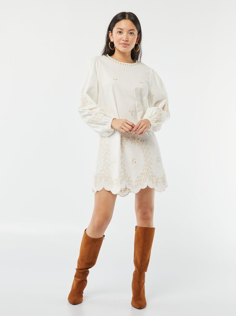 Vestito corto con maniche lunghe a sbuffo ricamate BEIGE Donna