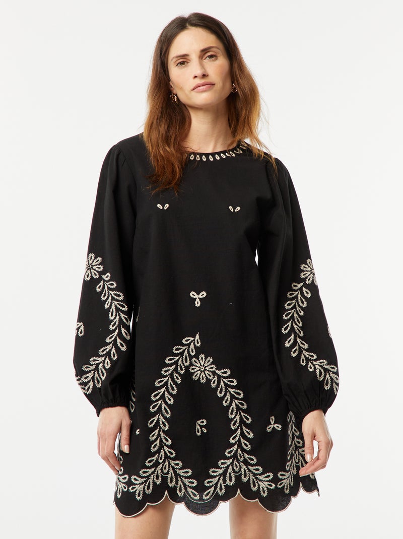 Blouse En Soie Avec Manches Bouffantes Et Broderies, Taille S, Noir Et Blanc - Neuve Avec étiquettes