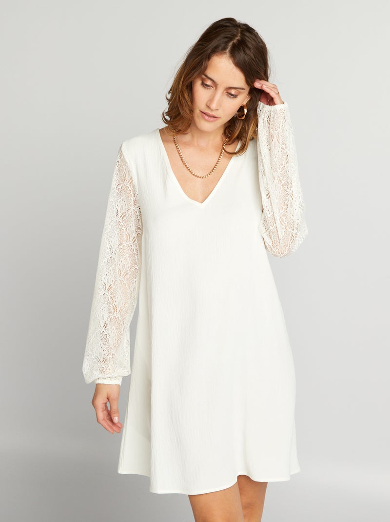 Vestito corto in crêpe + pizzo BIANCO - Kiabi