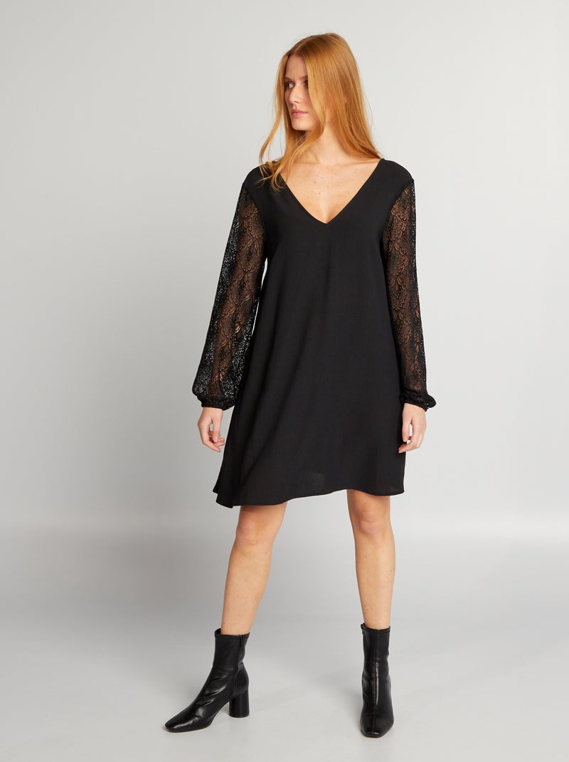 Vestito corto in crêpe + pizzo NERO - Kiabi