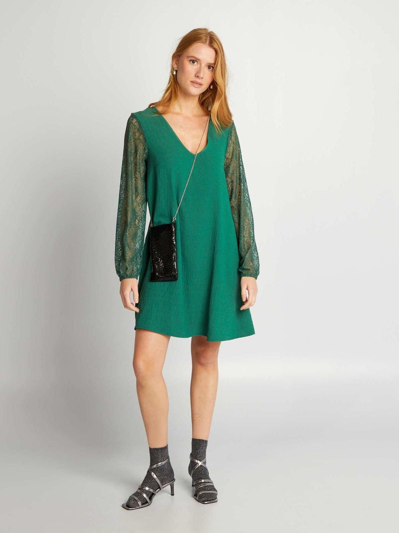 Vestito corto in crêpe + pizzo VERDE - Kiabi