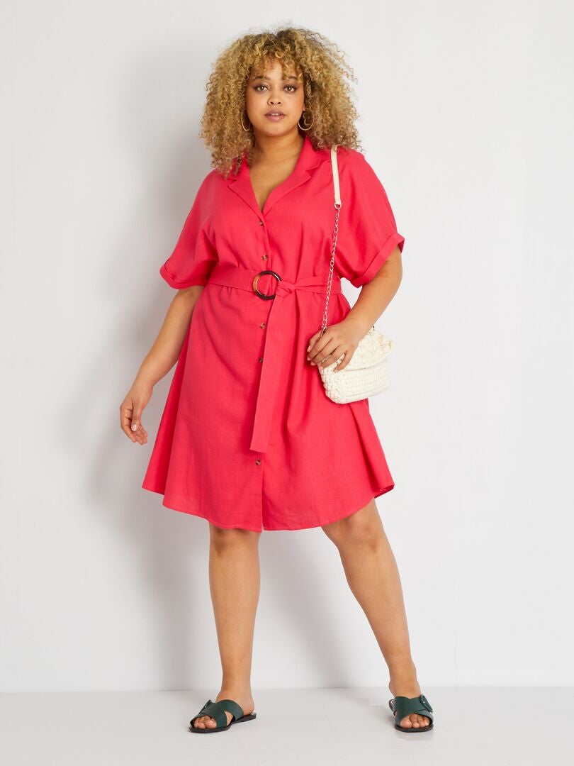 Vestito corto in lino con cintura rosa azalea - Kiabi