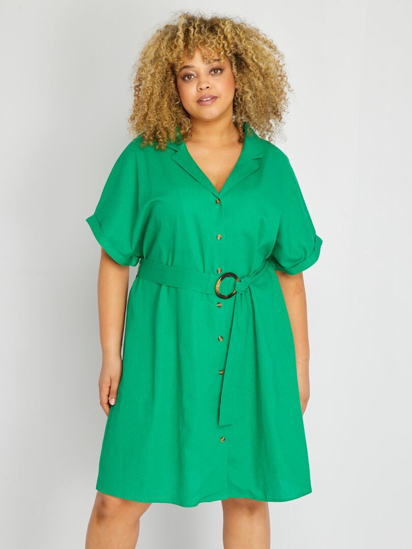 Vestito corto in lino con cintura verde giardino - Kiabi