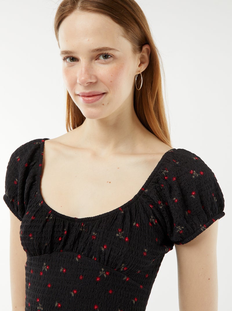 Vestito corto in tessuto goffrato a maniche corte NERO - Kiabi