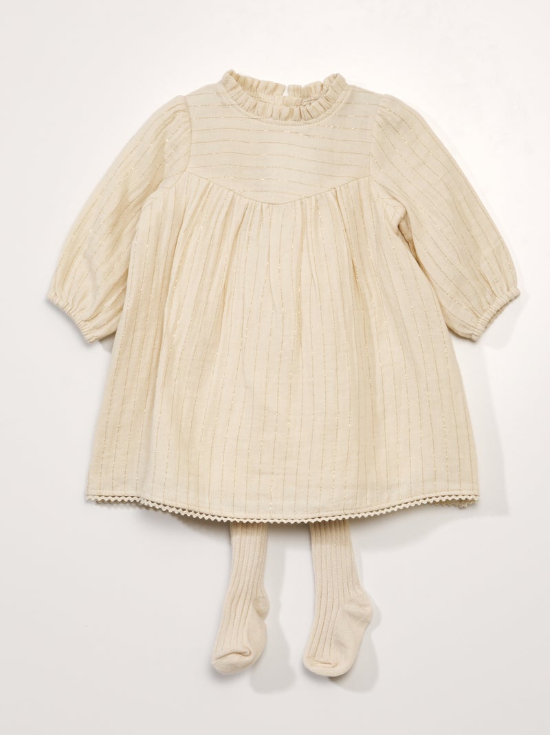 Vestito in garza di cotone + collant - 2 pezzi BIANCO - Kiabi