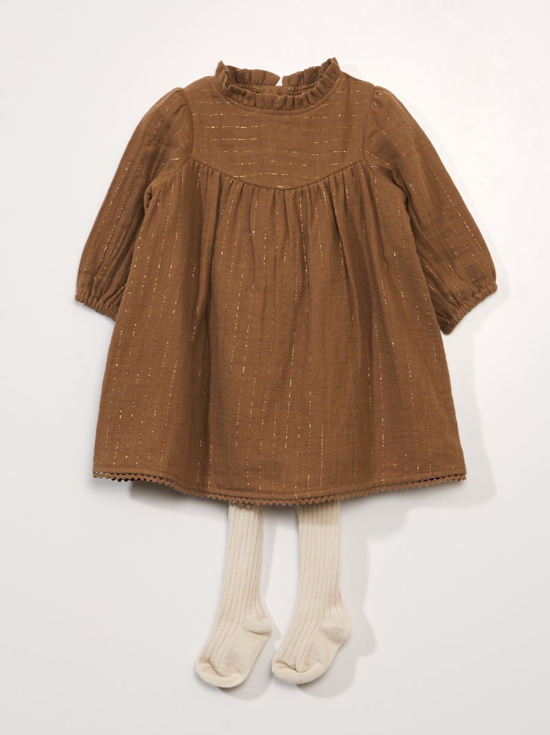 Vestito in garza di cotone + collant - 2 pezzi MARRONE - Kiabi
