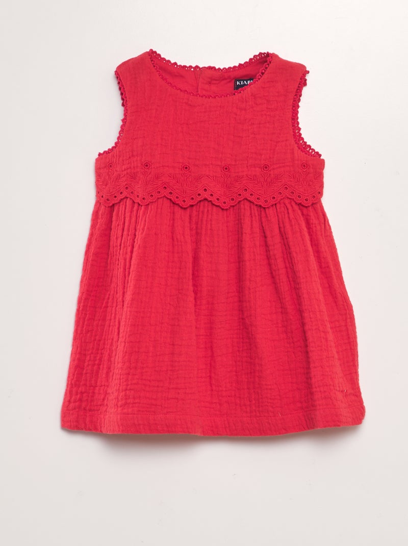 Vestito in garza di cotone con ricami ROSSO - Kiabi