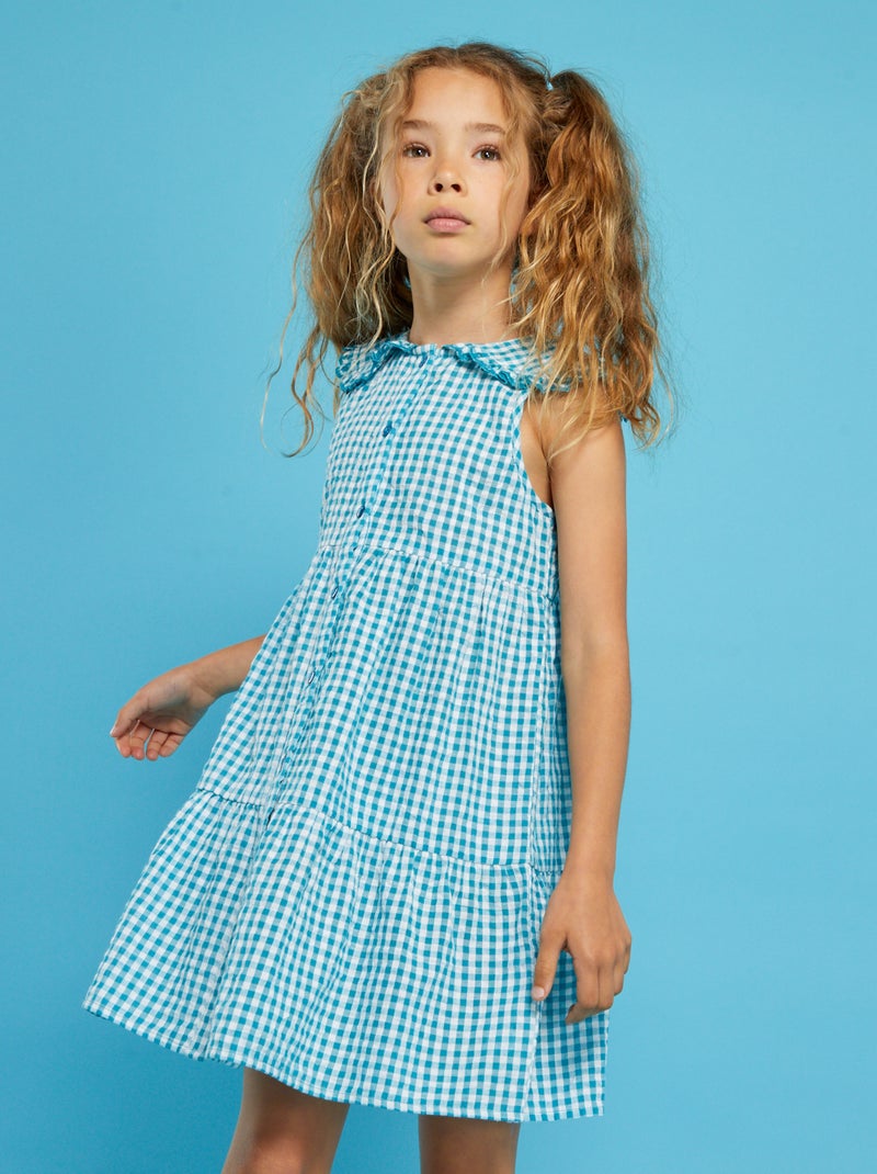 Vestito in seersucker con motivi vichy turchese - Kiabi