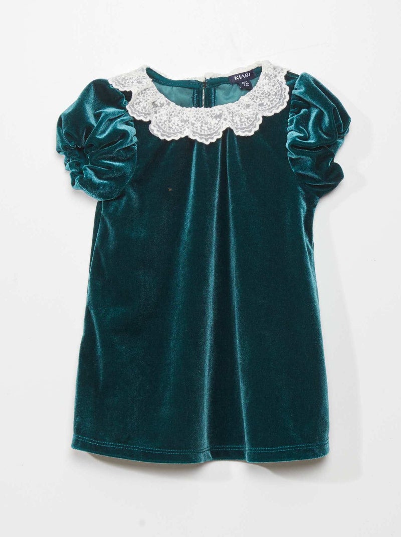 Vestito in velluto con collo in tulle ricamato VERDE - Kiabi