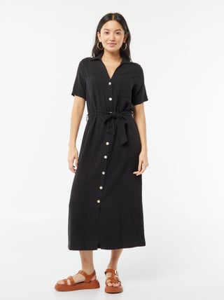 Vestito lungo a maniche corte in misto lino