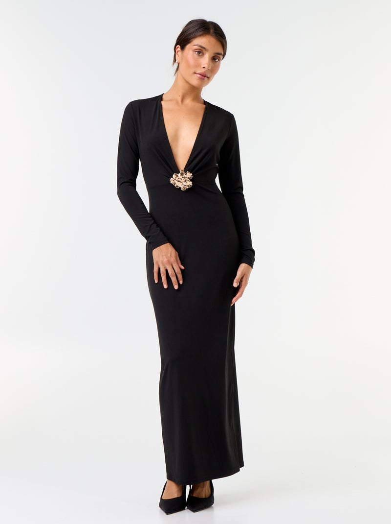 Vestito lungo a maniche lunghe con dettaglio gioiello Nero - Kiabi