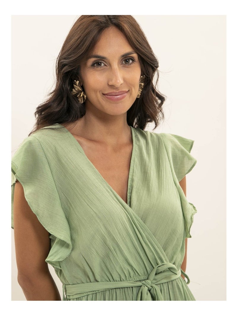 Vestito lungo cache-cœur con cintura ITERIA Verde acqua - Kiabi