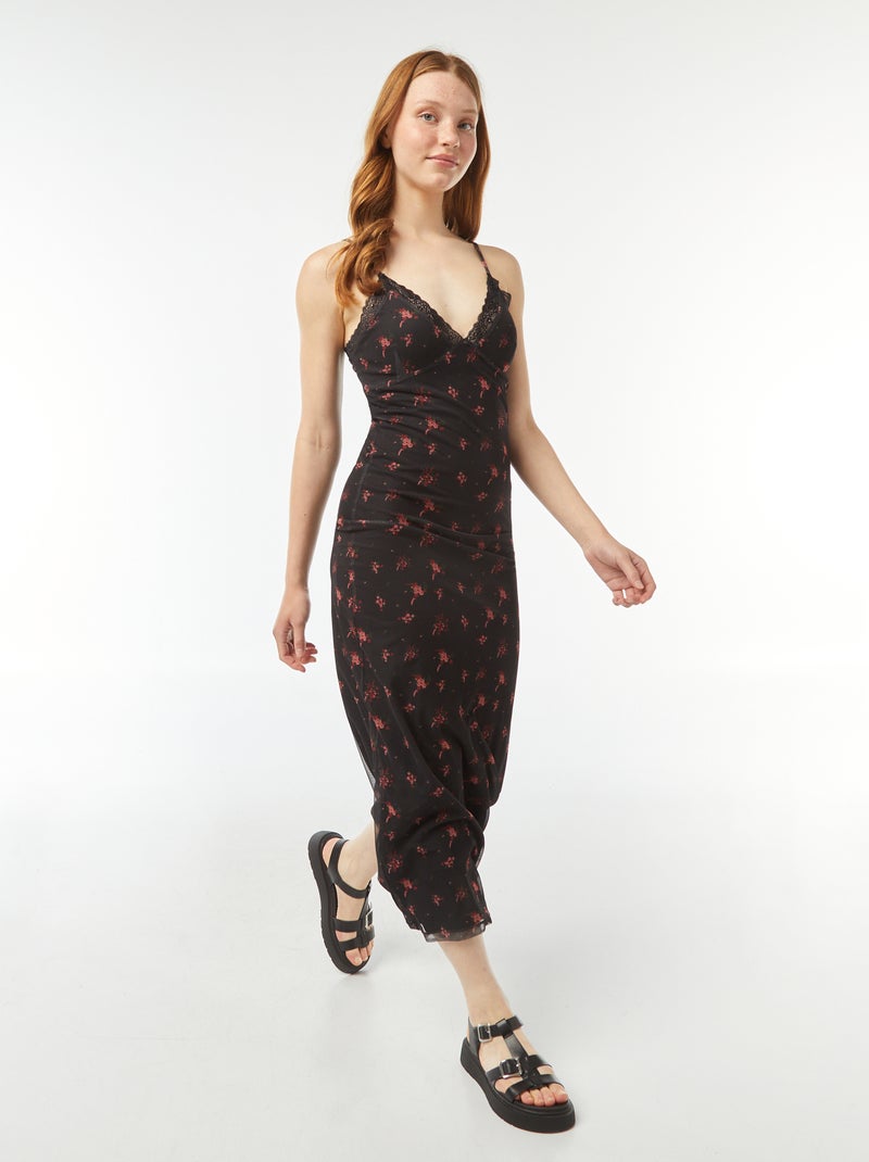 Vestito lungo con dettagli in pizzo e motivo Nero - Kiabi