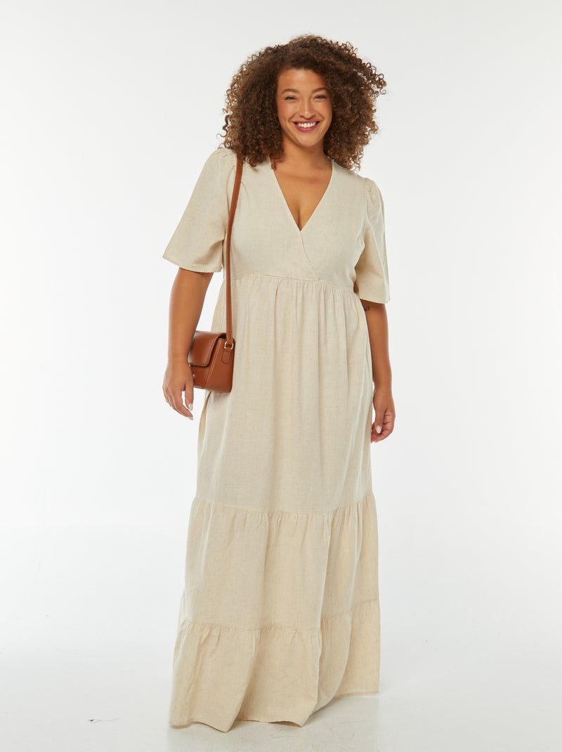 Vestito lungo con maniche corte e balze sul fondo Beige - Kiabi
