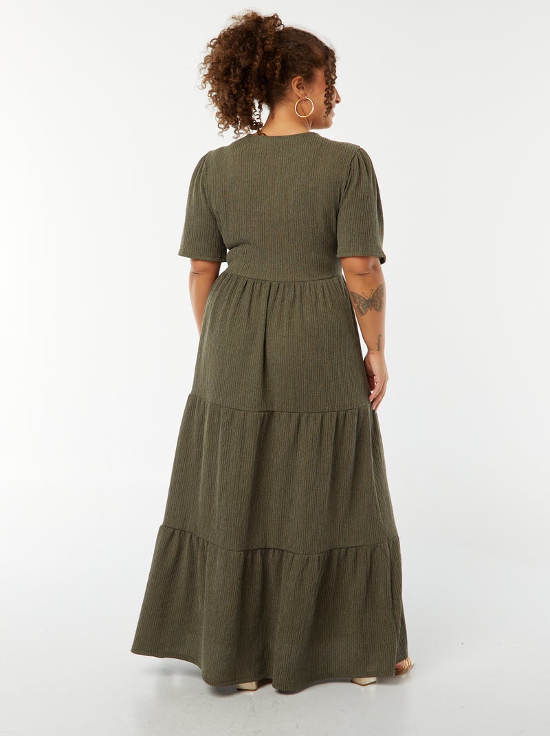 Vestito lungo goffrato a maniche corte con scollo incrociato Kaki - Kiabi