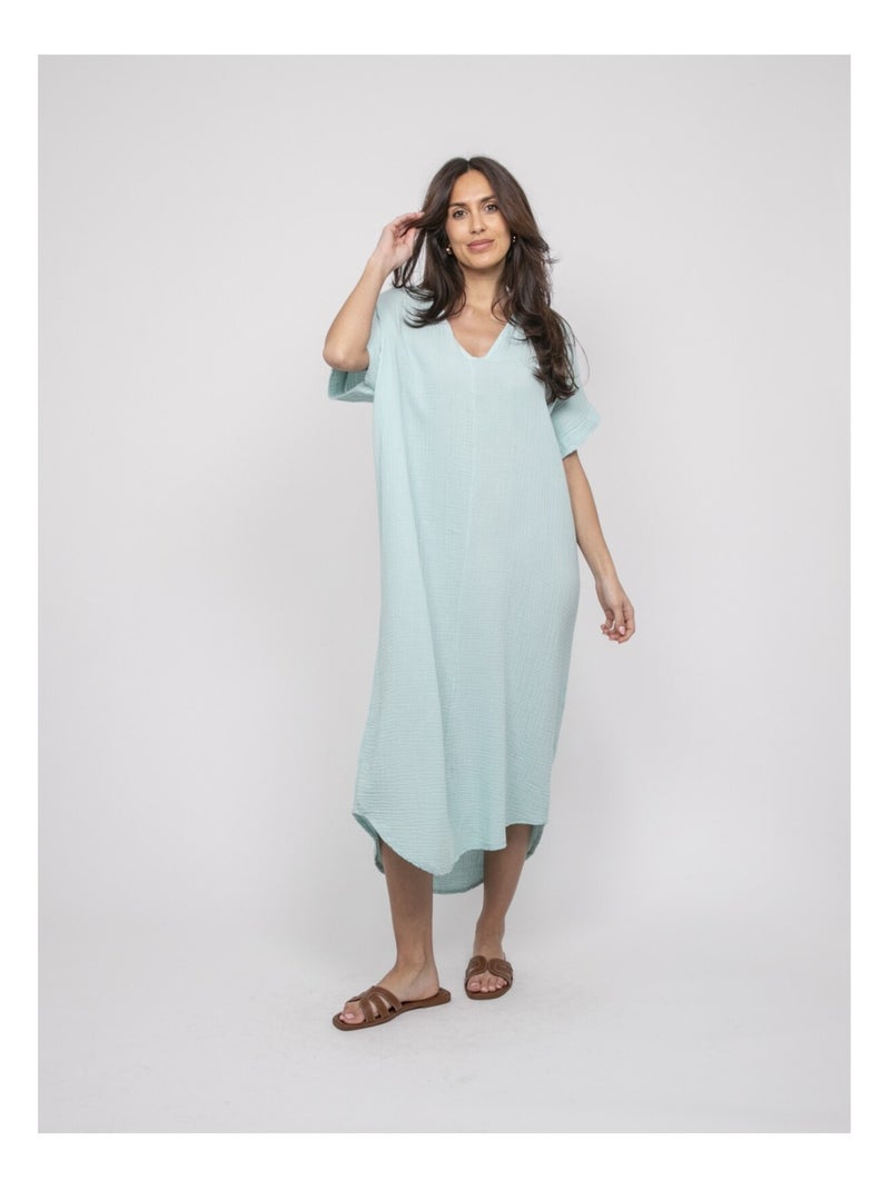 Vestito lungo in garza di cotone IPELOR Verde acqua - Kiabi