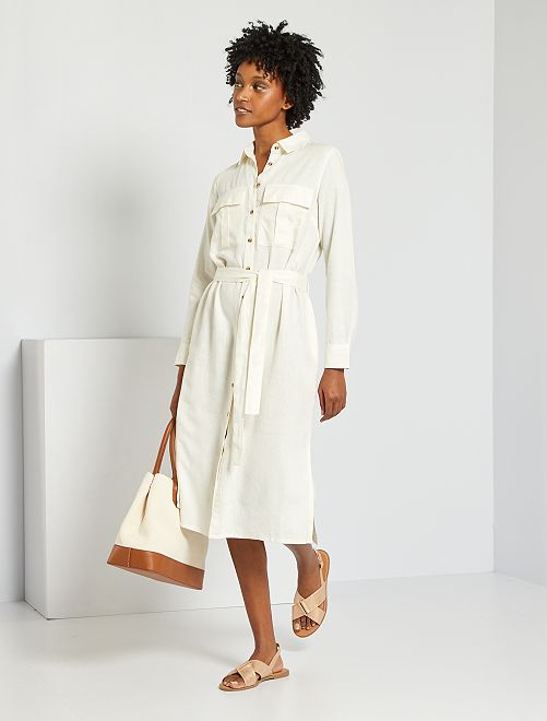 Vestito lungo in lino con cintura - bianco neve - Kiabi - 25.00€
