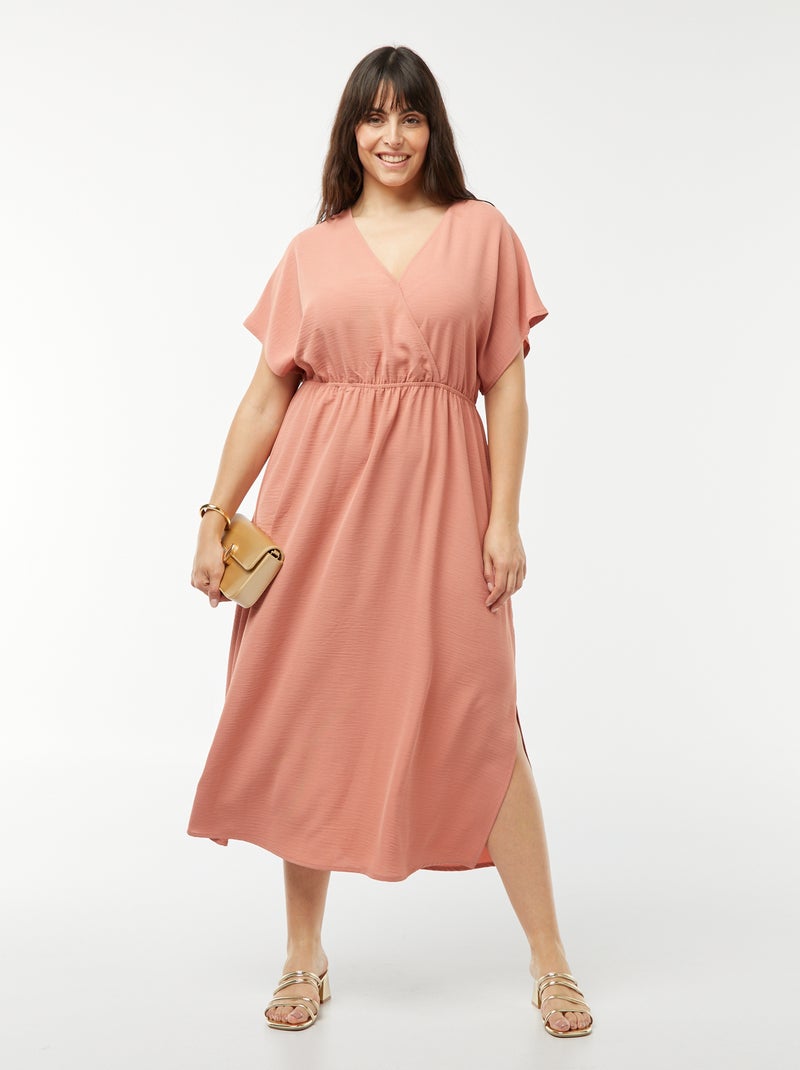 Vestito lungo in tessuto stretch a maniche corte ROSA - Kiabi