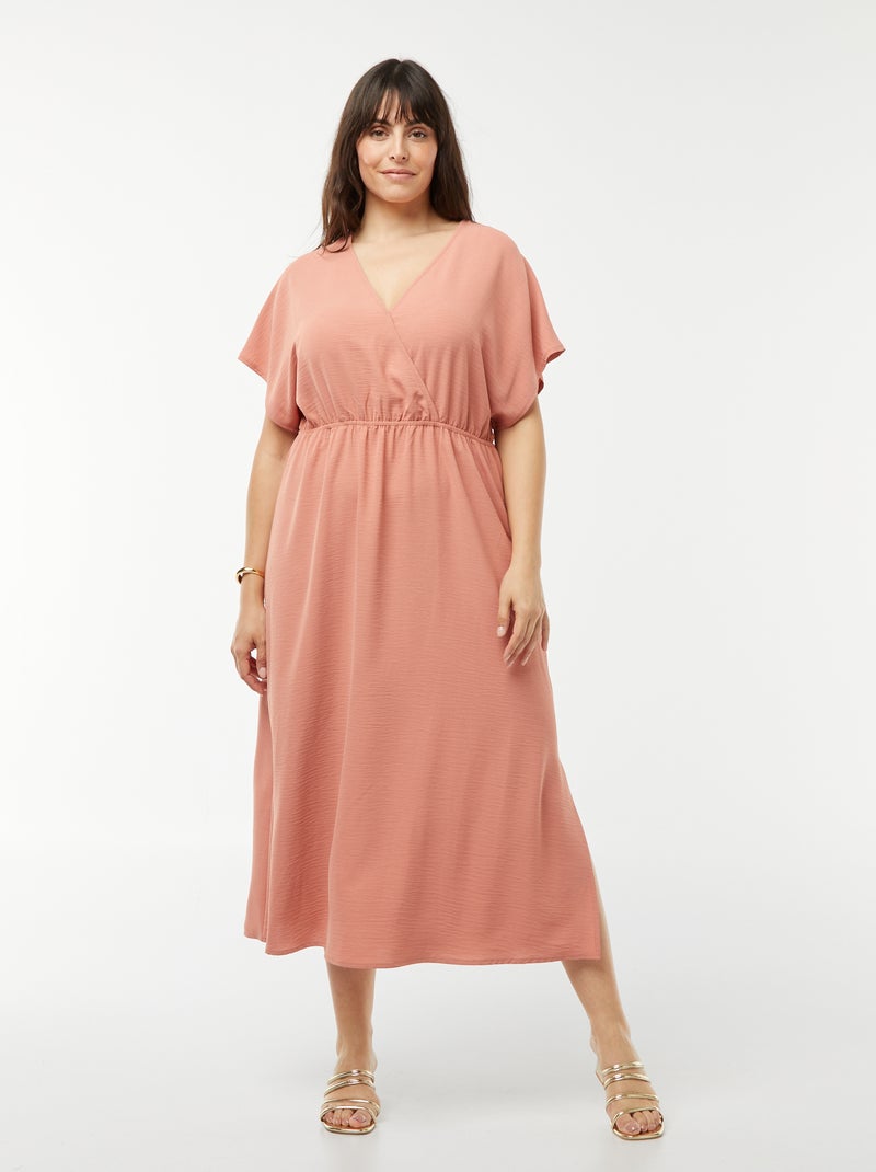 Vestito lungo in tessuto stretch a maniche corte ROSA - Kiabi