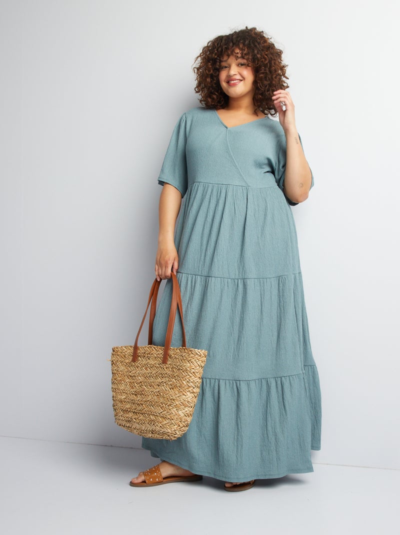 Vestito lungo incrociato in maglia goffrata BLU - Kiabi