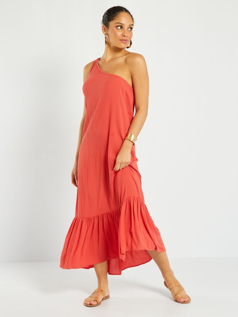 Vestito lungo one shoulder in tessuto crêpe rosso lampone - Kiabi