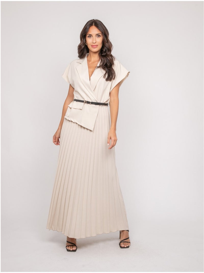 Vestito lungo plissettato con cintura INARA Ecru - Kiabi