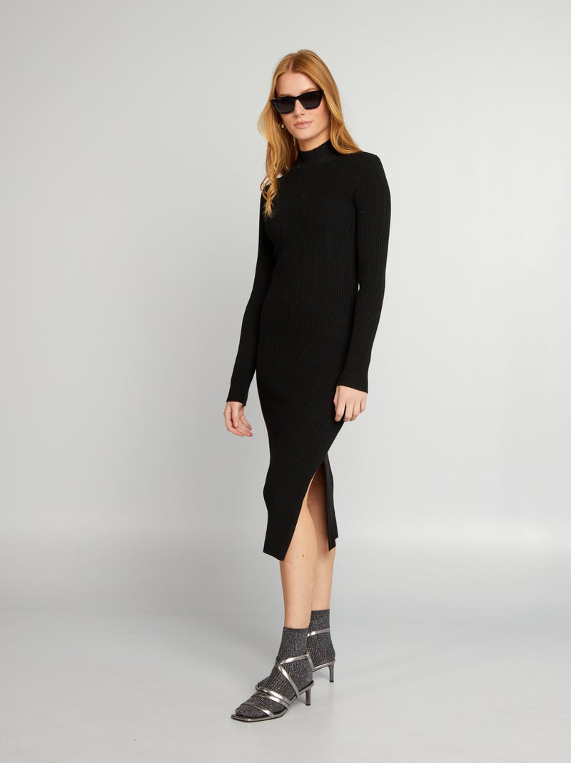 Vestito midi a coste con collo alto nero - Kiabi