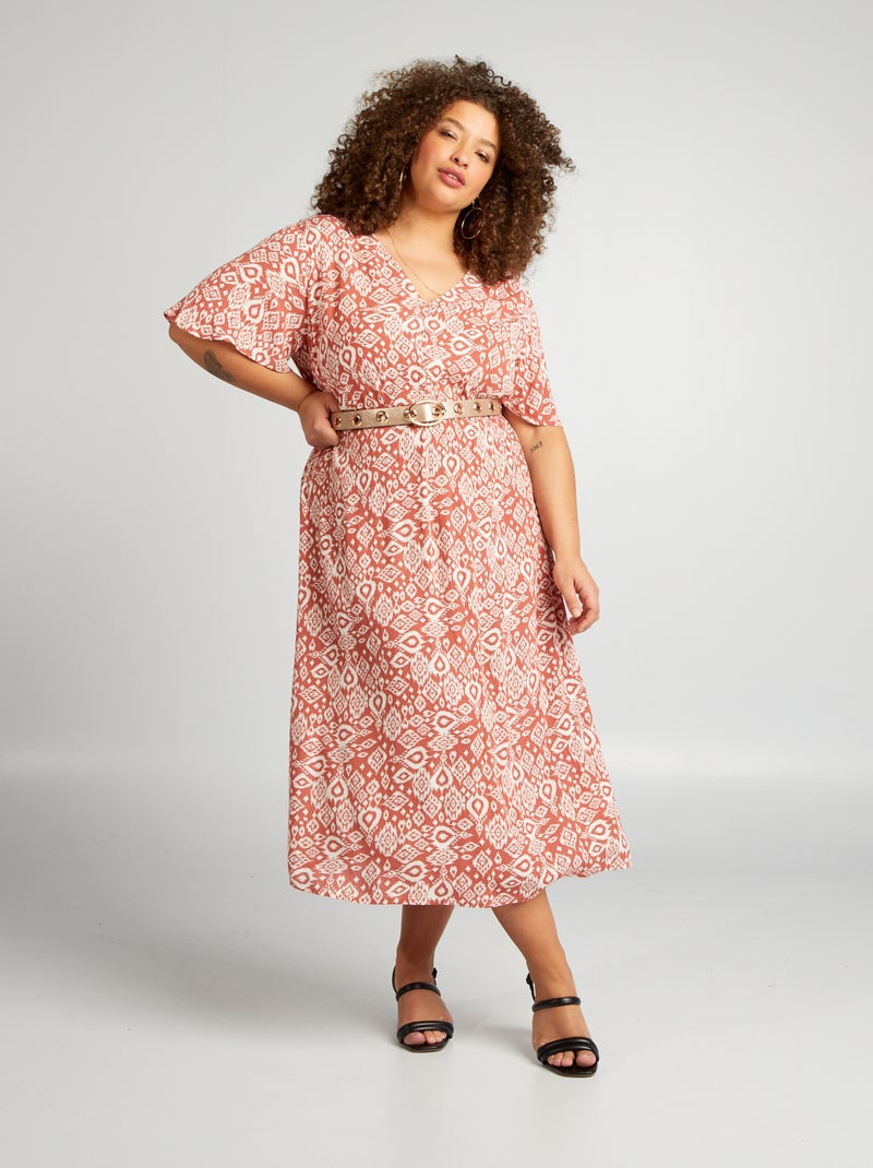 Vestito midi elasticizzato con maniche a farfalla MARRONE - Kiabi