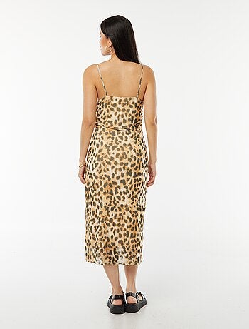 Vestito midi in mesh con stampa leopardata e scollo a cascata