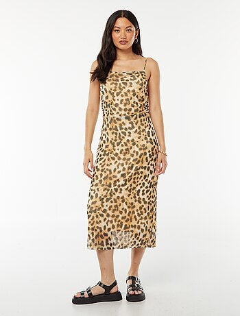Vestito midi in mesh con stampa leopardata e scollo a cascata