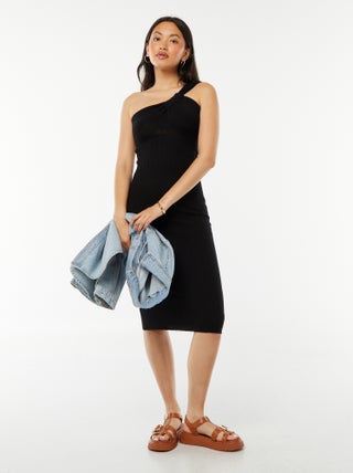 Vestito midi lavorato a maglia con spallina asimmetrica