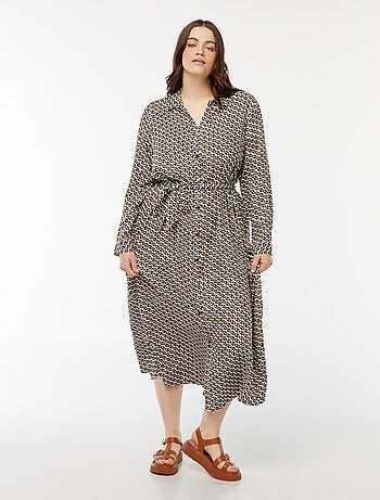 Vestito midi stampato con cintura e bottoni a pressione