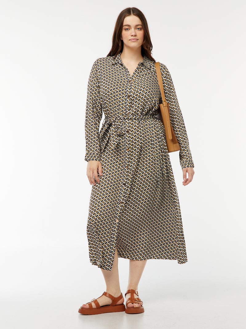 Vestito midi stampato con cintura e bottoni a pressione Beige - Kiabi