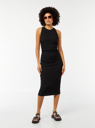 Vestito midi tessuto stretch e goffrato con giromanica americano