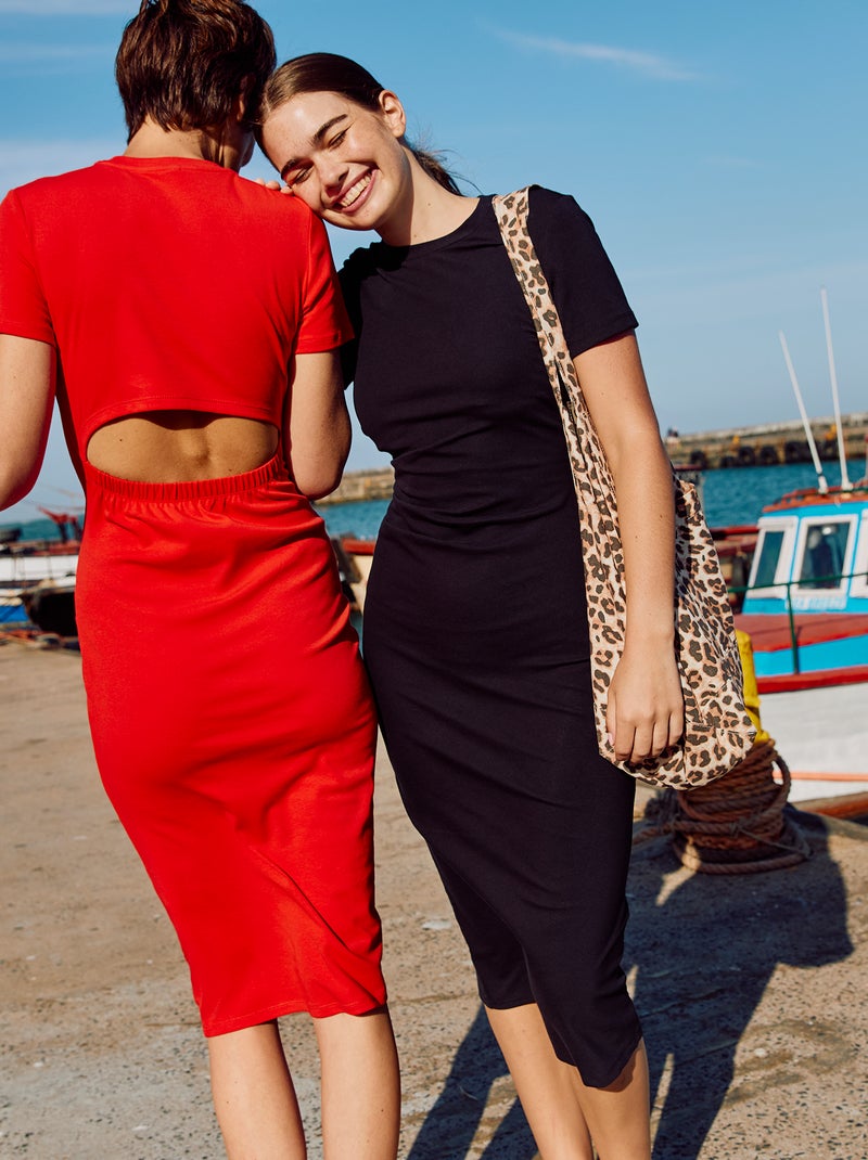 Vestito midi tinta unita con cut out dietro nero - Kiabi