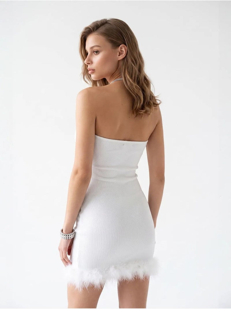 Vestito mini da donna a coste con scollo all'americana e dettaglio in pietra mixray Bianco - Kiabi