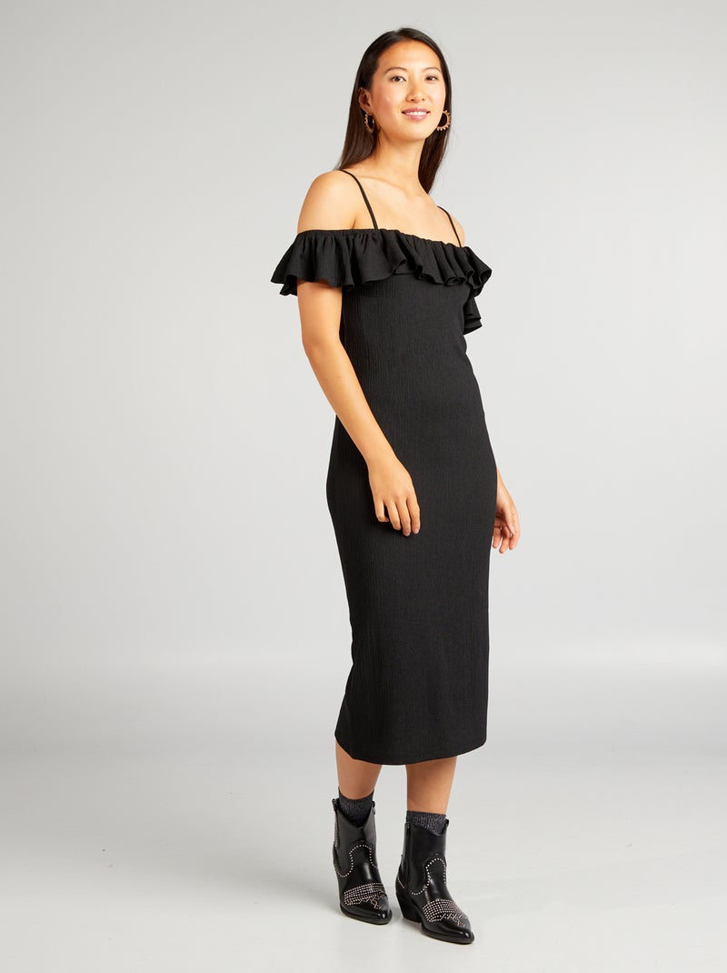Vestito scollo bardot con volant nero - Kiabi