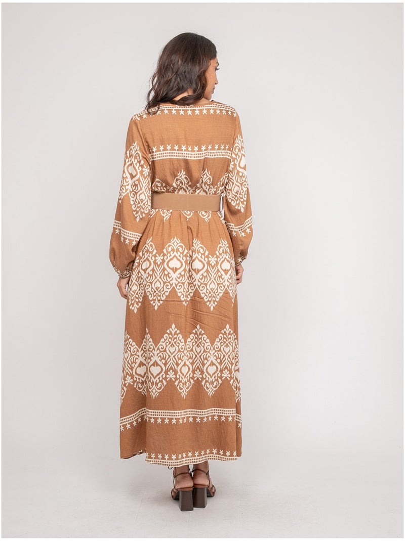 Vestito stampato a maniche lunghe con cintura ILATINE Beige - Kiabi